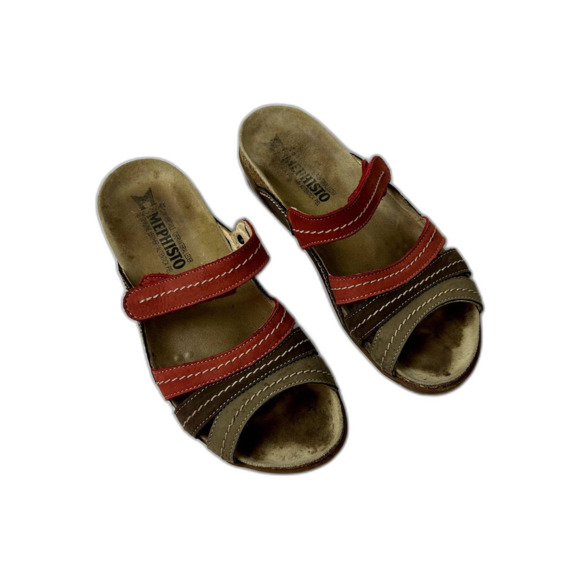 Mephisto Leather Sandals Size 37 Open-toe Slip-on Wedge Slide Shoe Brown Red - Picture 1 of 14